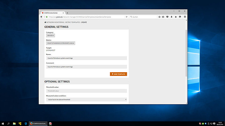 Screenshot G DATA Action Center – Create templates for metrics