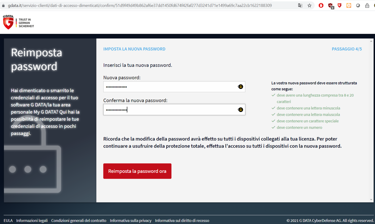 Come resettare o cambiare la propria password G DATA